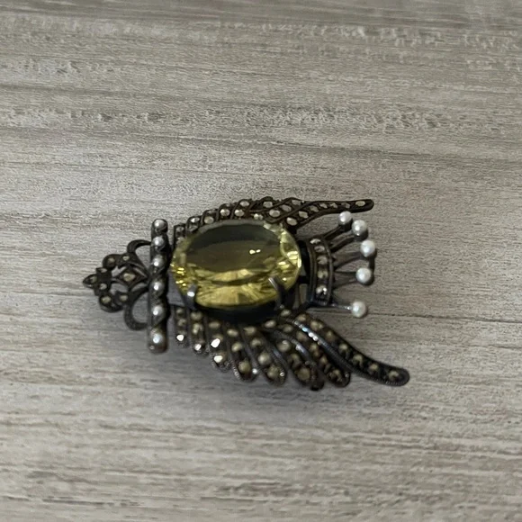Lemon Citrine Marcasite and Pearl Sterling Silver Brooch - Picture 6 of 8